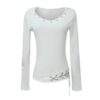 Riveted Chain-Detail V-Neck Long-Sleeve Top — White