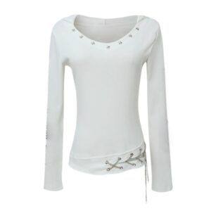 Riveted Chain-Detail V-Neck Long-Sleeve Top — White