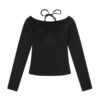 Striped Halter-Neck Classic Long-Sleeve Top — Black