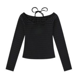 Striped Halter-Neck Classic Long-Sleeve Top — Black