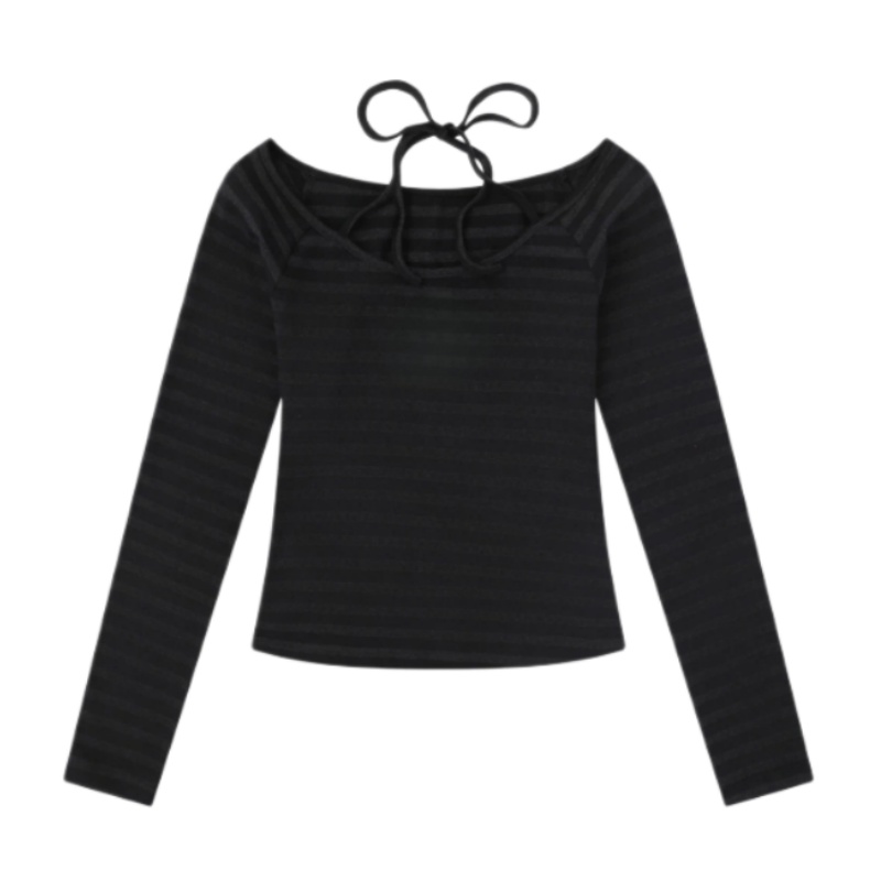 Striped Halter-Neck Classic Long-Sleeve Top — Black