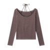 Red Striped Long-Sleeve Halter Top With Straps
