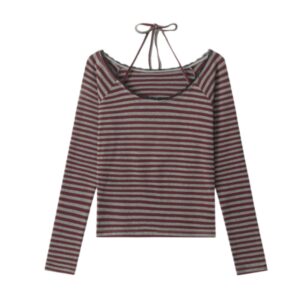 Red Striped Long-Sleeve Halter Top With Straps