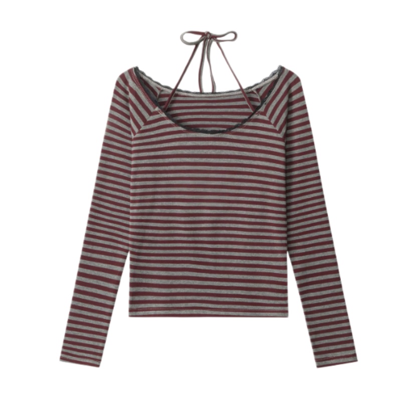 Red Striped Long-Sleeve Halter Top With Straps