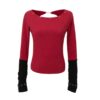 Distinctive Long-Sleeve Top with Open-Back Design — Red & Black Color-Block