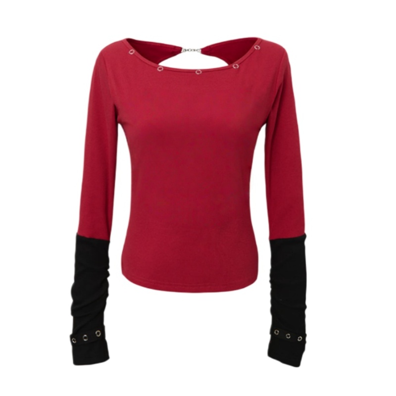 Distinctive Long-Sleeve Top with Open-Back Design — Red & Black Color-Block