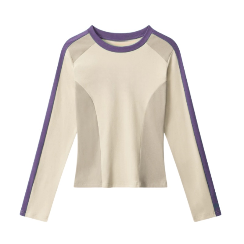 Retro Color-Block Comfortable Long-Sleeve Top — Khaki