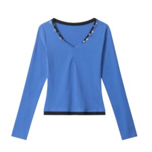 Faux Two-Piece V-Neck Long-Sleeve Top — Blue & Grey Colorblock