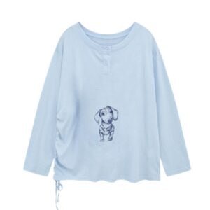 Retro-Print Long-Sleeve Top with Designer Flair — Blue