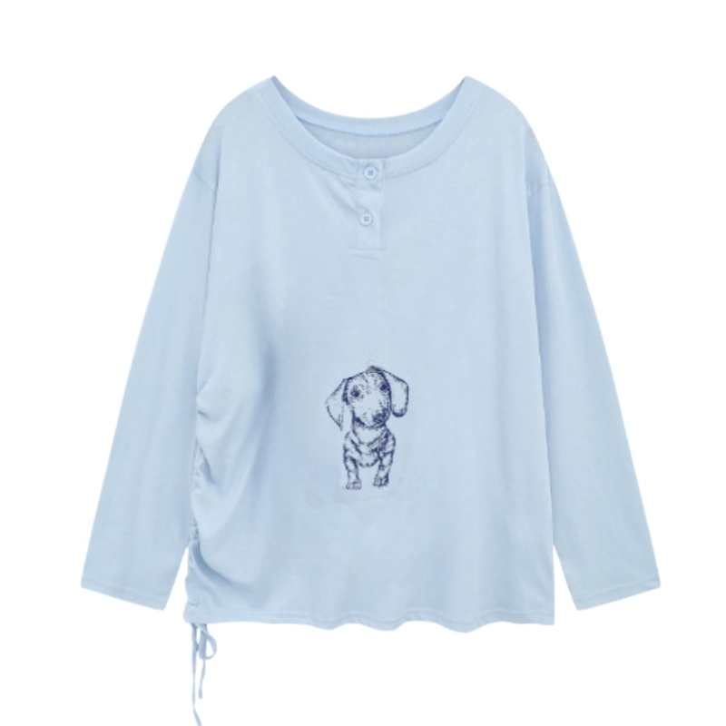 Retro-Print Long-Sleeve Top with Designer Flair — Blue