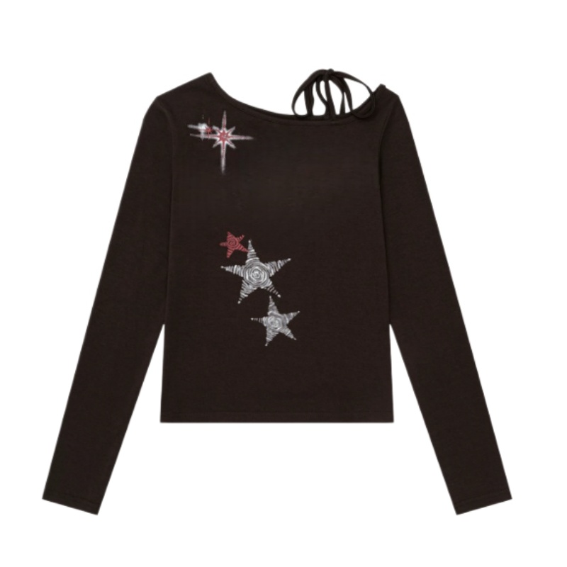 Trendy Star-Print Off-Shoulder Long-Sleeve Top — Brown