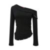 Studded Cross Off-Shoulder Hip-Hop Long-Sleeve Top — Black