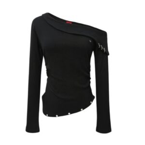 Studded Cross Off-Shoulder Hip-Hop Long-Sleeve Top — Black