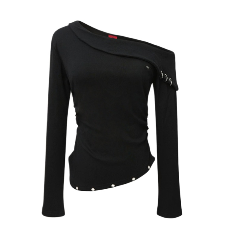Studded Cross Off-Shoulder Hip-Hop Long-Sleeve Top — Black