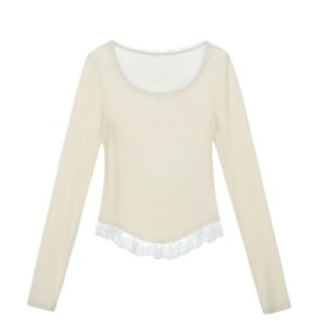 Elegant Long-Sleeve Top With Lace Paneling — Apricot