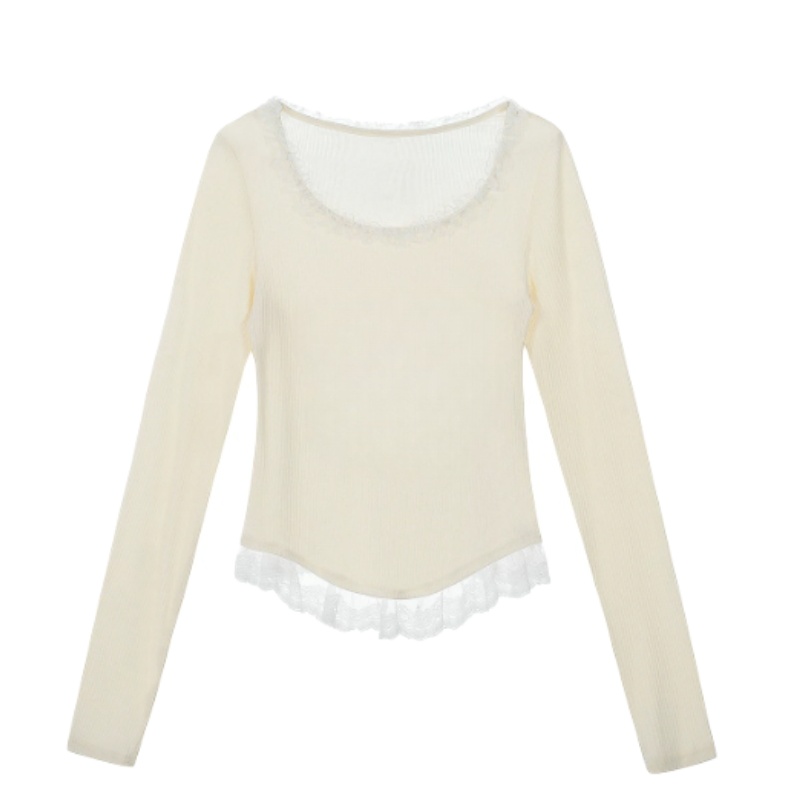 Elegant Long-Sleeve Top With Lace Paneling — Apricot