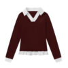 Polka-Dot Paneled Long-Sleeve Top With Small V-Neck — Red