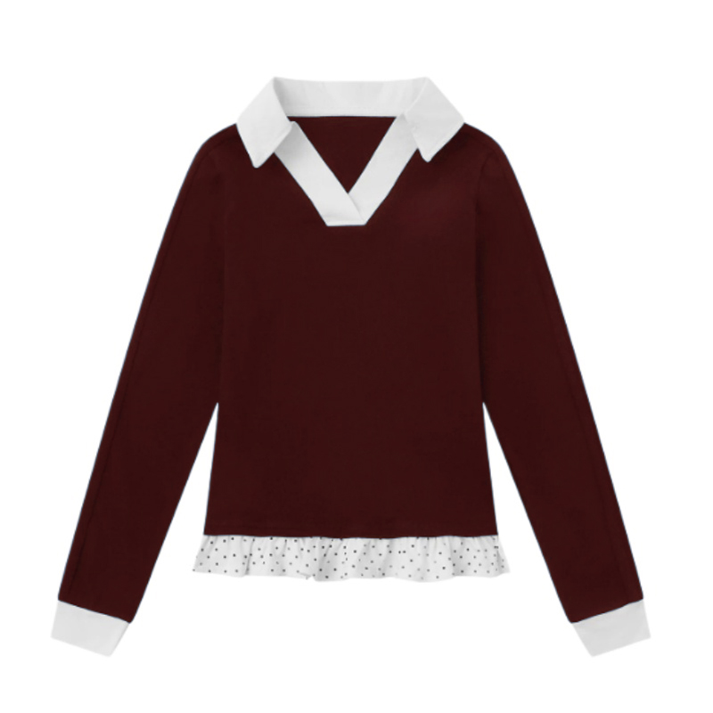 Polka-Dot Paneled Long-Sleeve Top With Small V-Neck — Red