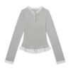 Preppy-Style Striped-Sleeve-Effect Spliced ​​Top — Gray