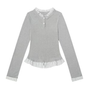 Preppy-Style Striped-Sleeve-Effect Spliced ​​Top — Gray