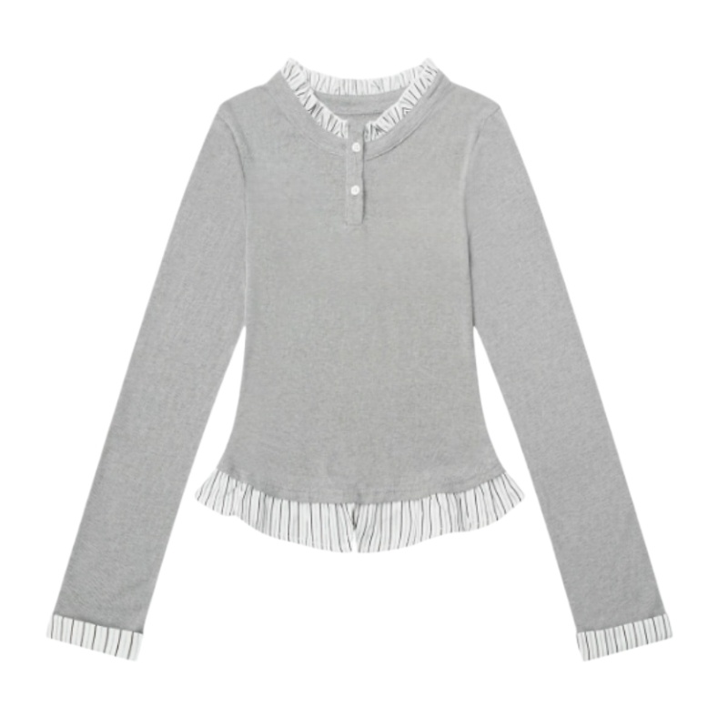 Preppy-Style Striped-Sleeve-Effect Spliced Top — Gray